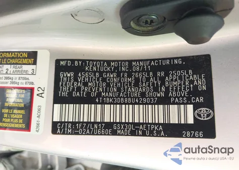 2011 Toyota Avalon Limited from USA, damaged, VIN 4T1BK3DB8BU429037